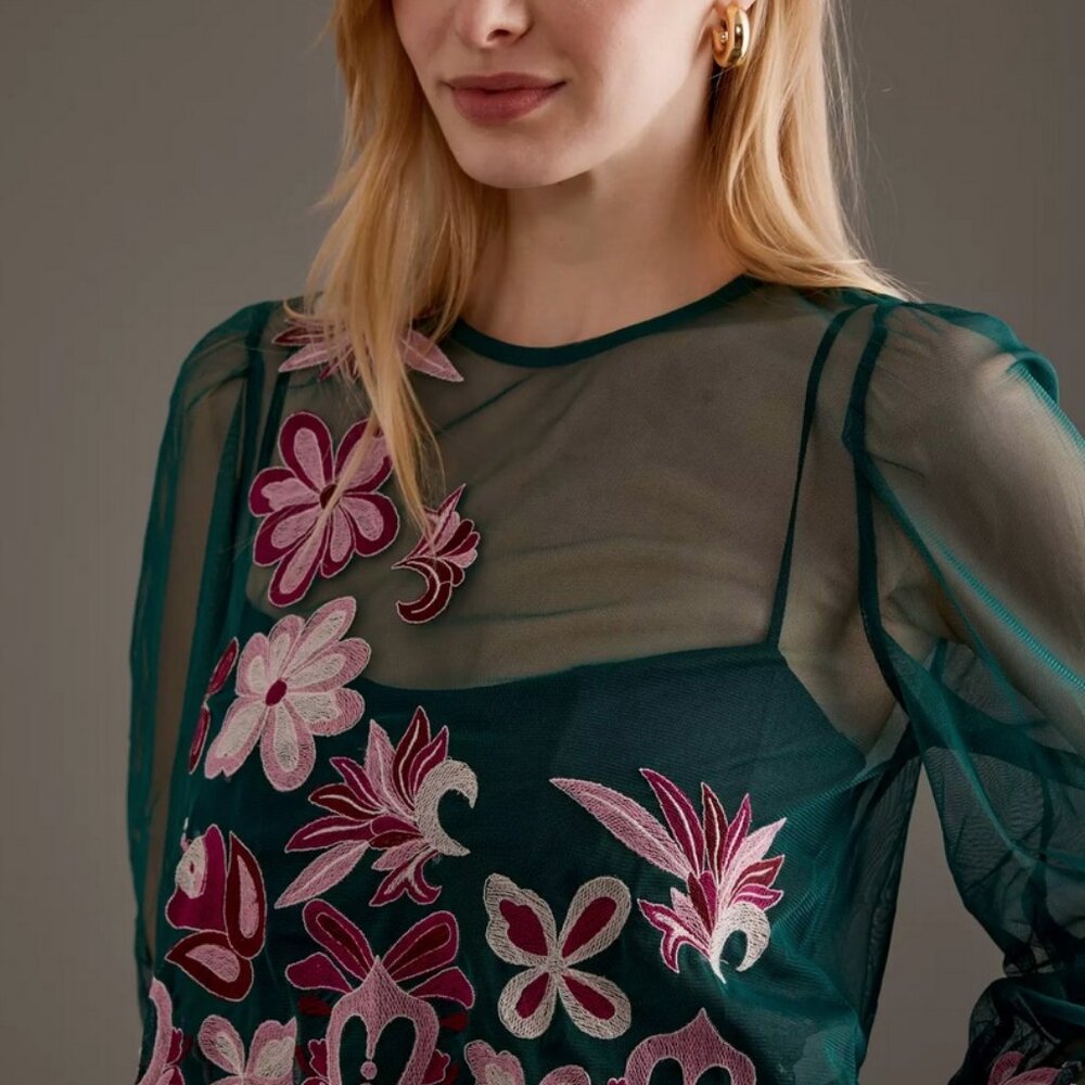 By Anthropologie Long-Sleeve Embroidered Mesh Top size XS nwt - Picture 6 of 9